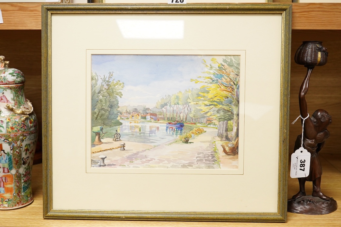 Jean Vassal (1902-1986), A canal scene, studio stamp lower left, watercolour, 18 x 24cm